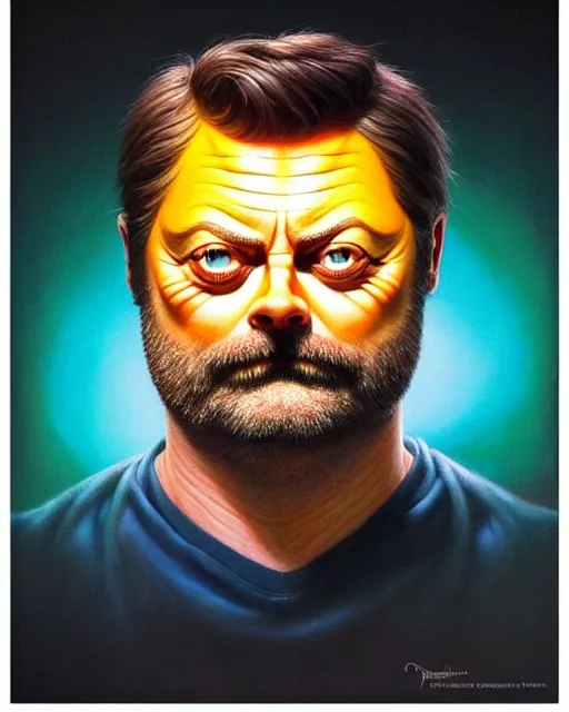 Image similar to detailed portrait of nick offerman as an oranges! ( citrus fruit ) by tomasz alen kopera and peter mohrbacher and johanna martine! and margaret keane! coherent luminescent