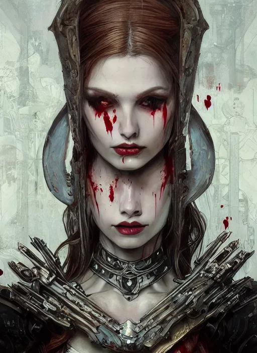 Prompt: portrait of beautiful cute pale gothic maiden covered in blood, warhammer 40000, cyberpunk, intricate, elegant, highly detailed, digital painting, artstation, concept art, smooth, sharp focus, illustration, art by artgerm and greg rutkowski and alphonse mucha and Gustav Klimt