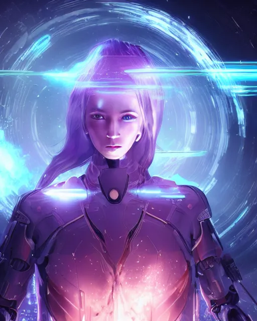 Image similar to photo of a android girl on a mothership, warframe armor, beautiful face, scifi, nebula, futuristic background, galaxy raytracing, dreamy, focused, sparks of light, pure, long white hair, blue cyborg eyes, glowing, 8 k high definition, insanely detailed, intricate, innocent, art by akihiko yoshida, antilous chao, woo kim