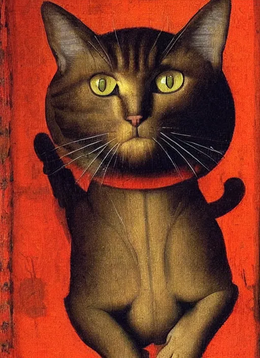 Image similar to red devil cat, Medieval painting by Jan van Eyck, Johannes Vermeer, Florence