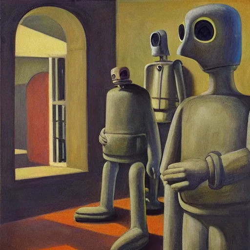 Image similar to drab workers wearing masks walking along cloisters, brutalist courtyard, watched by robots, dystopian, pj crook, edward hopper, oil on canvas