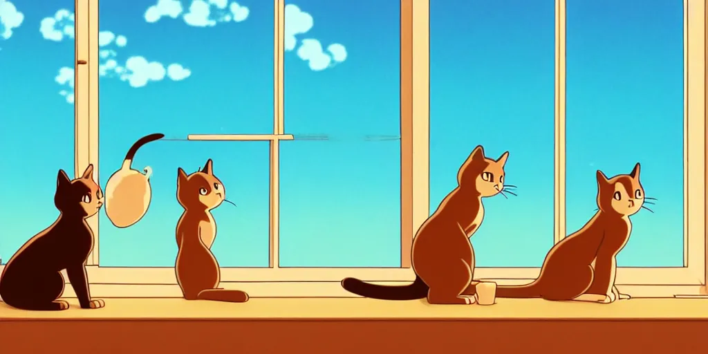 Prompt: a wholesome animation key shot of two cats stretching out in front of a window studio ghibli pixar and disney animation sharp render