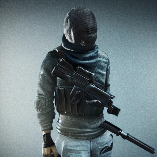 Image similar to bandit with balaclava holding shotgun, dark photo, beautiful details, hdr, octane render