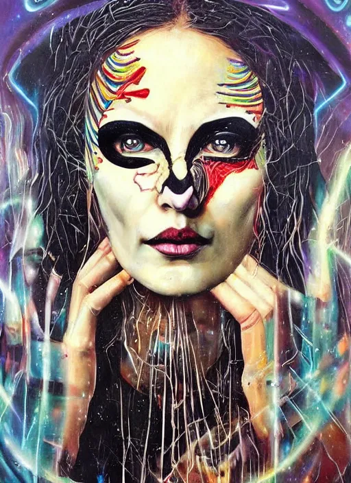 Image similar to beautiful tripping cult magic psychic woman, subjective consciousness psychedelic, epic occult ritual symbolism story iconic, dark robed witch, oil painting, robe, symmetrical face, greek dark myth, by Sandra Chevrier, masterpiece