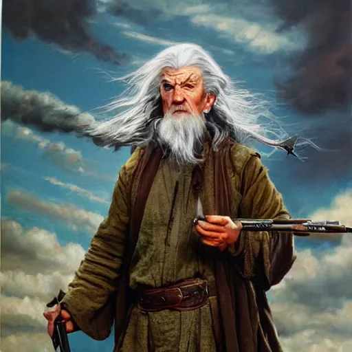 Prompt: gandalf with a machine gun, oil painting, war photo, anger, fire, dramatic, very detailed, 4k, by Jeffrey Smith and Erin Hanson and Chad Knight