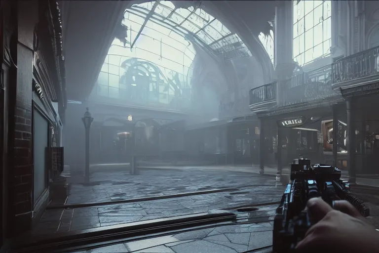 Image similar to first person point of view of a gunner on a victorian shopping mall, cinematic lightning, ray tracing, unreal engine 5, photorealistic, 8 k, uhd, 4 k, battlefield 6 game concept, extremely detailed, beautiful, elegant, intricate, foggy, in - game footage