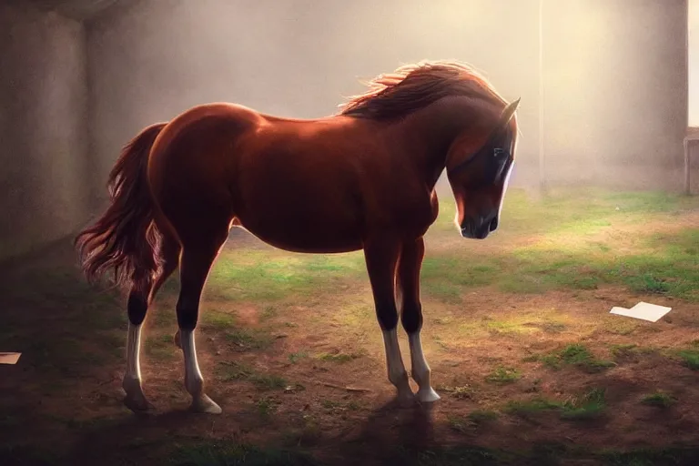 Image similar to A horse attempting to solve a jigsaw puzzle!!!, looking confused, cinematic lighting, evening light, stables, digital painting, volumetric light, concept art, trending on artstation