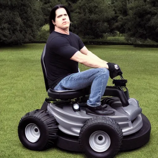 Prompt: glenn danzig on a riding lawn mower,