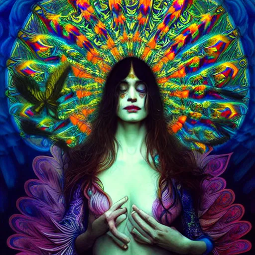 Image similar to An extremely psychedelic experience, reality bending, colorful, surreal, feathers, illuminated, magic mushrooms, psilocybin, LSD, face, detailed, intricate, elegant, highly detailed, digital painting, artstation, concept art, smooth, sharp focus, illustration, art by Krenz Cushart and Artem Demura and alphonse mucha