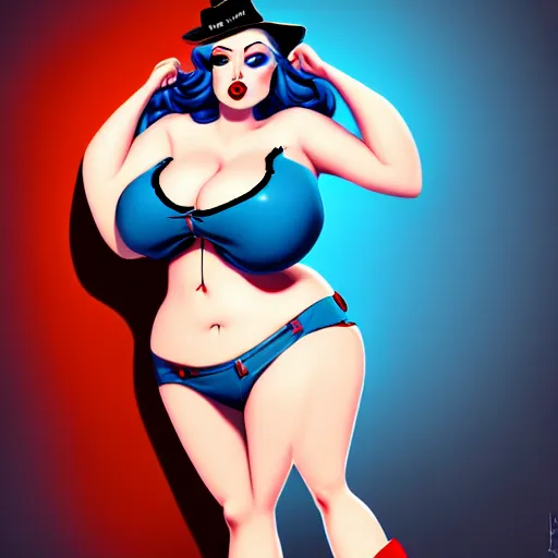 Prompt: rockabilly curvy woman long hair, blonde, blue eyes, wholesome, country, southern, digital art, cinematic, concept art, 8k, painting, imaginefx, cgsociety, trending on artstation, wide shot, full shot