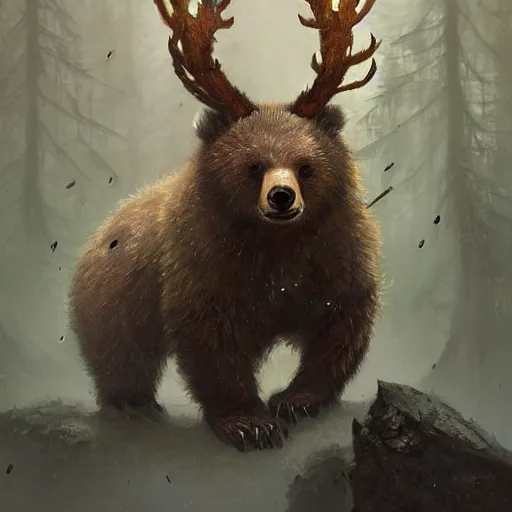 Image similar to a creature that is a hybrid between a bear and a bunny with golden brown antlers. Jordan Grimmer. Geoffroy Thoorens. Jakub Różalski.