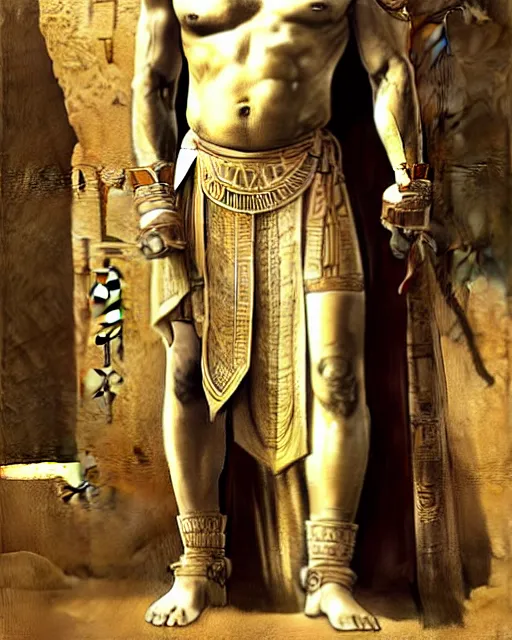 Prompt: concept art by anders zorn and craig mullins depicting djimon hounsou as a tall and very lean temple guard fully dressed in ancient egyptian heavy armor, flowing robes, harem pants, and leather strapped sandals