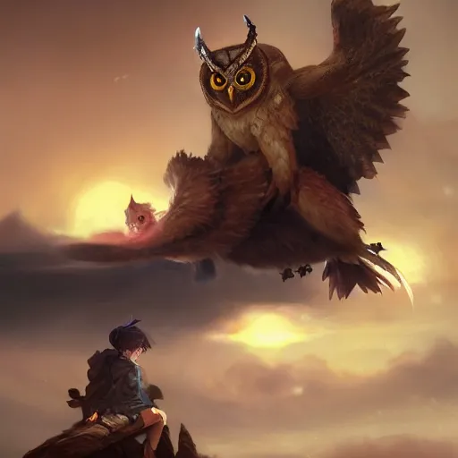 Image similar to a super cute demon riding on owl, anime, manga, kawaii, avtar, magical world, by greg rutkowski, sung choi, photo realistic, 8 k, cinematic lighting, hd, atmospheric, hyperdetailed, trending on artstation, devainart, digital painting, glow effect