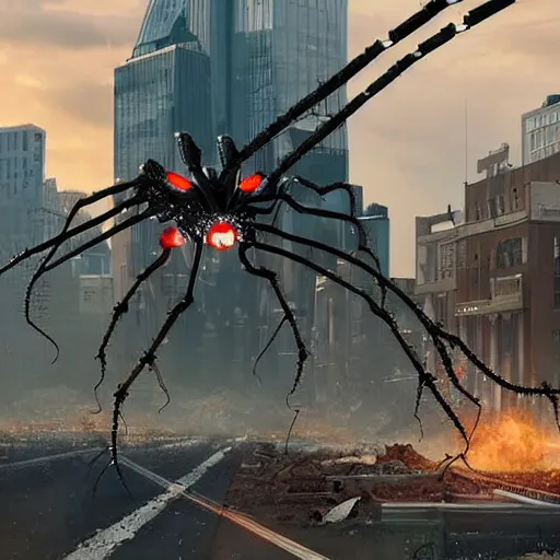 Image similar to giant robotic spider crashing down on a city destroying everything in his path