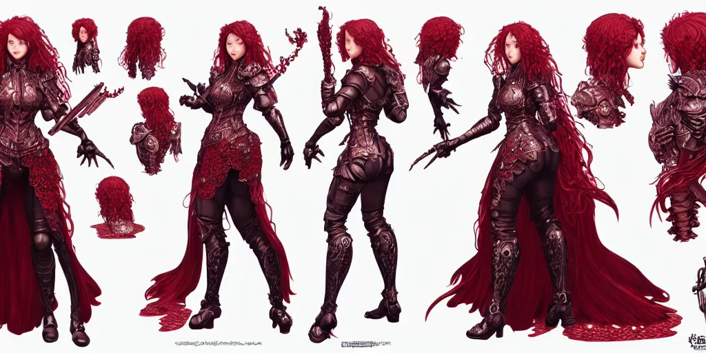 Prompt: highly detailed cdpr character sheet design of armor witch 8 k metahuman, hajime sorayama, red long wavy hair, red velvet rose lace dress, artgerm, alphonse mucha, clear symmetrical face, game assets, swarovski, unreal engine, sharp focus, jewelry iridescent, illustration, artstation