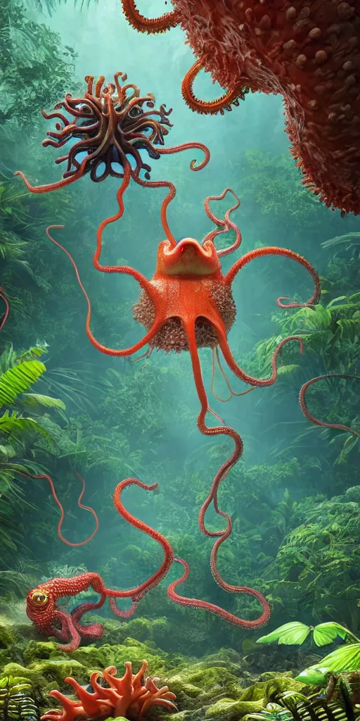 Image similar to of a tropical rainforest lake with strange cute friendly happy creatures with huge eyes, mouth, long tongue, round teeth and tentacles appearing from sandy coral, in the style of gehry and gaudi, macro lens, shallow depth of field, ultra detailed, digital painting, trending artstation, concept art, illustration, cinematic lighting, photorealism, epic, octane render