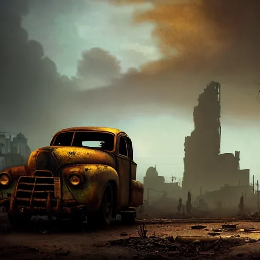 Image similar to fallout 5, ruined city environment, low density urban zone, rusted vintage cars and trucks mysterious atmospheric lighting, matte painting, intricate, iridescent, volumetric lighting, beautiful, rich deep colours masterpiece, fog golden hour, golden ratio, sharp focus, ultra detailed, by leesha hannigan, ross tran, thierry doizon, kai carpenter, ignacio fernandez rios