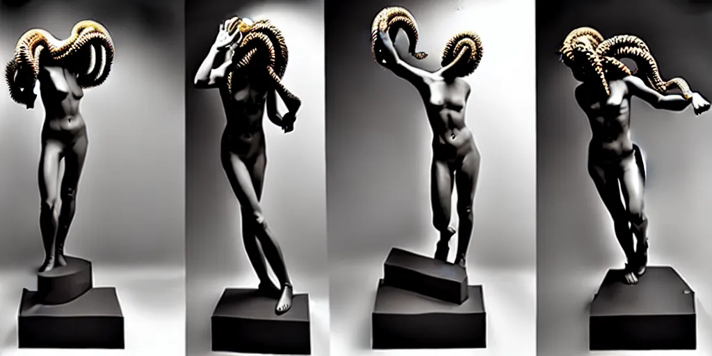 Image similar to modern sculpture, young woman as medusa, multiple poses, androgynous