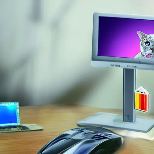 Image similar to computer monitor with a cat stuck inside, surreal, colorful