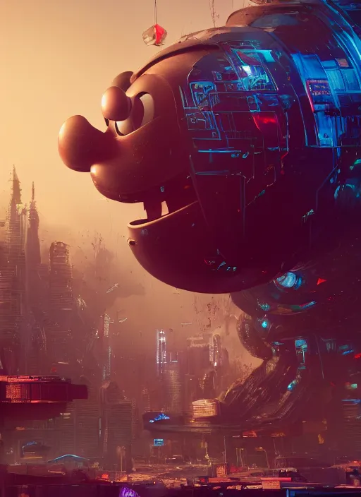 Image similar to giant destroyed cyberpunk mickey mouse head in netflix office, by beeple, golden ratio, cyberpunk, futuristic, sci - fi, octane render, unreal engine 5, trending on artstation, 8 k