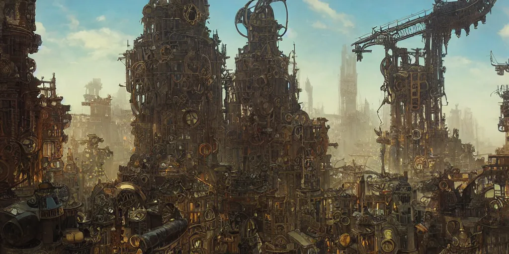 Image similar to steampunk city built on giant gears, clockwork, giant mechanisms, industry, steampunk villages castles, buildings vista artstation illustration sharp focus sunlit vista painted by ruan jia raymond swanland lawrence alma tadema zdzislaw beksinski norman rockwell tom lovell alex malveda greg staples