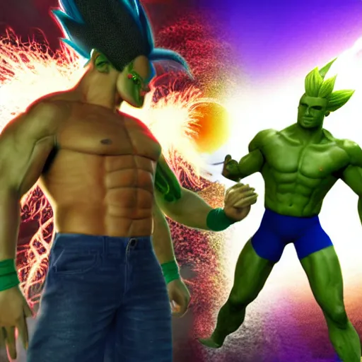 Image similar to Photo realistic live action Super Saiyan Frank Zappa vs Majin Nickacado Avacado WWE takedown ray traced 8K anti-aliased highly detailed cinematic render award winning photography