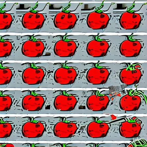 Image similar to attack of the killer's tomatoes. cyberpunk style