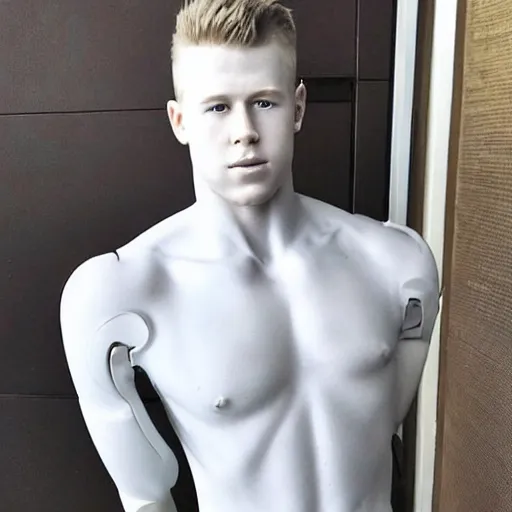 Image similar to “ a realistic detailed photo of a guy who is an attractive humanoid who is half robot and half humanoid, who is a male android, football player christian mccaffrey, shiny skin, posing like a statue, blank stare, on the bed, on display ”