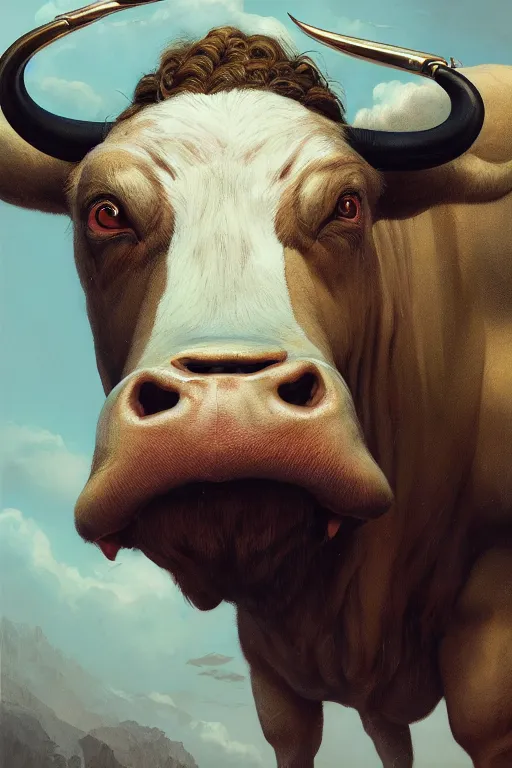 Image similar to a portrait of bull illustrated by miyazaki by karol bak, james jean, tom bagshaw, rococo, sharp focus, trending on artstation, cinematic lighting, hyper realism, octane render, 8 k, hyper detailed, vivid, ultra detailed, highly detailed