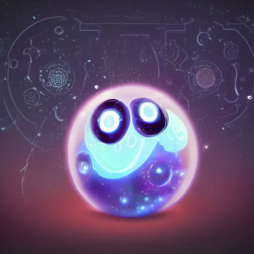 Prompt: funny spherical robot with two eyes and smile, cyberpunk, stars and space on the background,