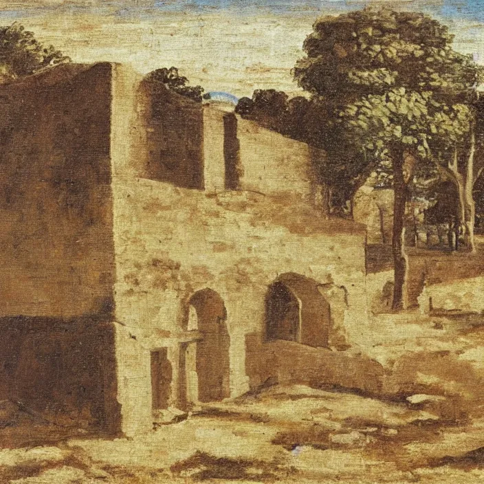 Image similar to a building in a serene landscape, early christian painting