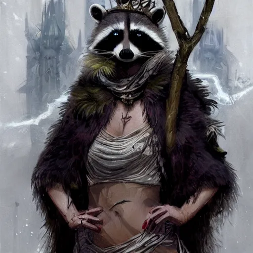 Image similar to A raccoon priestess with bloody eyes by greg rutkowski in the style of magic the gathering