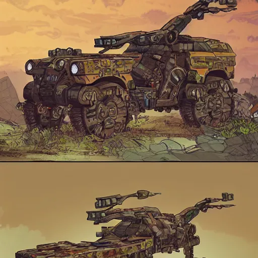 Image similar to alligator mech jeep concept borderland that looks like it is from Borderlands and by Feng Zhu and Loish and Laurie Greasley, Victo Ngai, Andreas Rocha, John Harris