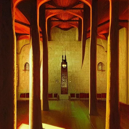 Image similar to The interior of the tower was very large and spacious. The floors were made of dark wood, the walls were covered in bright paintings, and the furniture was simple and elegant. The room was lit by magical lights, which were placed around the room in various places to provide light. fantasy, artwork by Marc Simonetti, artwork by Ted Nasmith, Ted Nasmith and Marc Simonetti, 8K, D&D concept art, D&D wallpaper