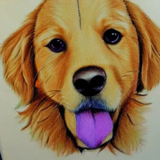 Prompt: finished kids drawing of a golden retriever, crayons. high details, photorealistic, artstation trending