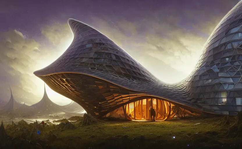 Image similar to exterior shot of witch hut utopian architecture transparent building with cinematic lighting by zaha hadid and renzo piano, darek zabrocki and greg ruthkowski, alphonse mucha, simon stalenhag, cinematic, stars, beautiful, holy place, paradise, scifi, futurism, atmospheric, concept art, artstation