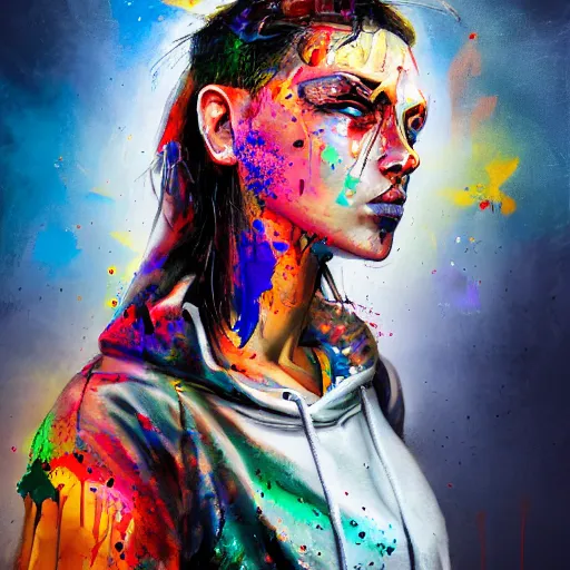 Prompt: a cyberpunk goddess, tomboy, side portrait, hoodie, bandage on arm, striking, defiant, spotlight, paint drips, paint splatter, vibrant colors, 1 9 years old, beautiful eyes, by marco paludet and gianni strino and marion bolognesi - n 4