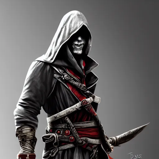 Prompt: a digital art close up portrait of hooded assassin jester bard in style of darkest dungeon, handsome young man assassins creed character sheet, 4 k, ultra detail, volumetric lighting, unreal engine, octane render, assassins creed syndicate