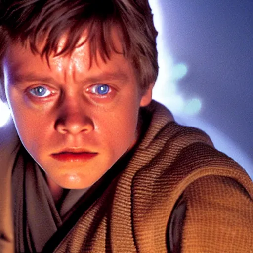 Image similar to film still of mark hamill as a kid in new star wars movie, dramatic lighting, highly detailed face, kodak film, wide angle shot,