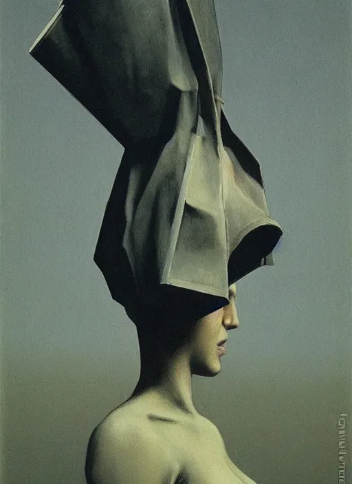 Image similar to woman with a paper bag over the head and a sward Edward Hopper and James Gilleard, Zdzislaw Beksinski, highly detailed