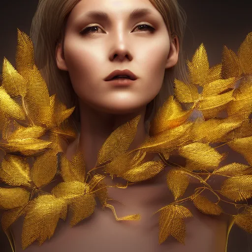 Prompt: a highly detailed digital image of a futuristic elegant woman wrapped with golden leaves, artstation, extremely detailed woman, stunning volumetric lighting, 4k,