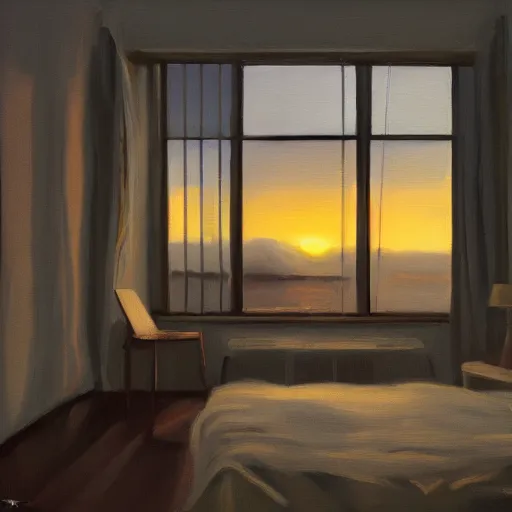 Image similar to a y 2 k room, sunset, oil painting, pale colors, high detail, 8 k, wide angle, trending on artstation,