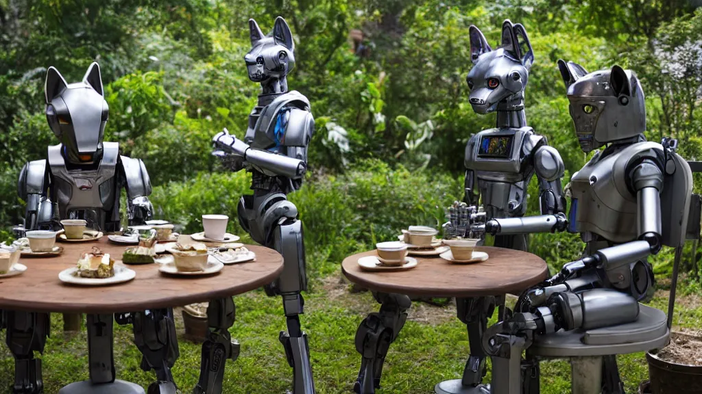 Image similar to film still from the movie chappie of the robot chappie shiny metal outdoor park plants garden scene bokeh depth of field several figures sitting down at a table having a tea party furry anthro anthropomorphic stylized cat ears wolf muzzle head android service droid robot machine fursona