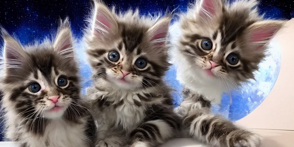 Prompt: a 3 d rendered movie still maine coon kitten descendant 1 million in the future. kitten wears a spacesuit, and explores cosmos in a space ship with a cat tree. science fiction blockbuster movie kittens rule the world or what's on tv? kittens!, dramatic lighting, imax 7 0 mm. buzz lightyear