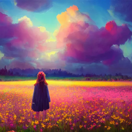 Image similar to girl with a flower face, surreal photography, dream, standing in flower field, magical, in a valley, sunrise dramatic light, impressionist painting, colorful clouds, artstation, simon stalenhag