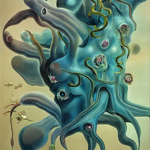 Image similar to deep sea plant life creature, surreal painting, dali style,