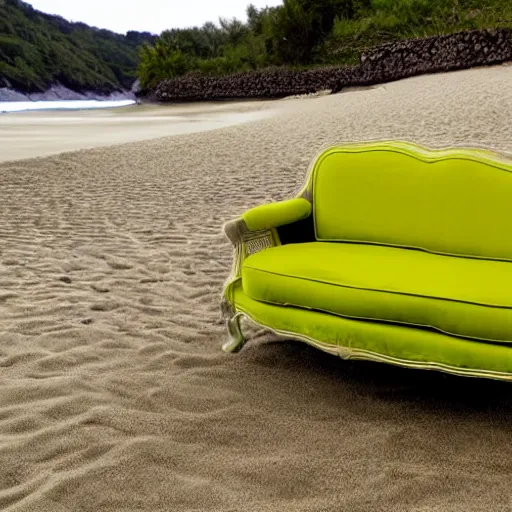 Image similar to photo of a chartreuse sofa on the beach