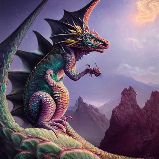 Prompt: a hyperrealistic illustration of a cute dragon that glows in the dark, mountains with fractal moonlight, little dragon with glowing scales, award - winning, masterpiece, in the style of tom bagshaw, cedric peyravernay, peter mohrbacher