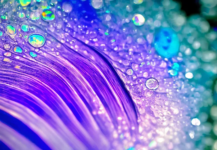 Prompt: a crashing iridescent wave with high refraction, glass, shining, opal, diamond, sapphire, topaz, nature, photo, motion blur, macro lens, soft, detailed, abstract, symmetrical composition, high quality