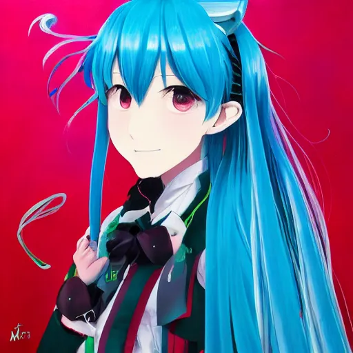 Image similar to a high detail portrait of Hatsune Miku by makoto sinkai, by BUNBUN, in simple background, mad painting